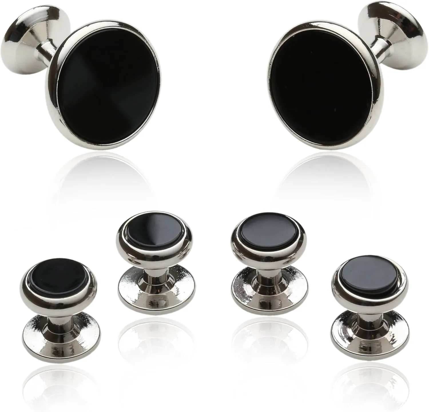 Mens Black Onyx and Silver Cufflinks Studs Tuxedo Formal Set with Presentation Box Groom Groomsmen Wedding