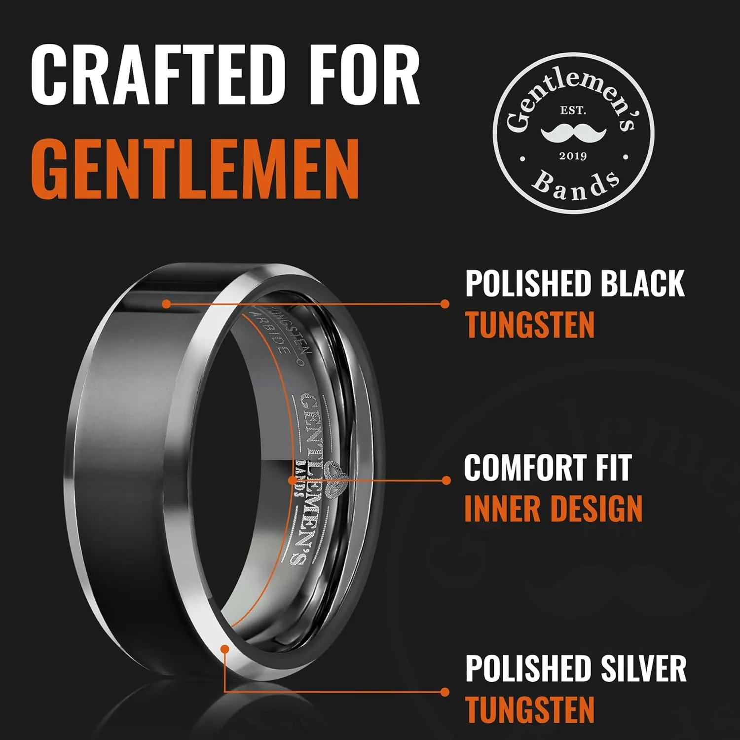 Men's Black Tungsten Carbide Wedding Band - Premium Grade Tungsten Black Wedding Band Beveled - Includes Silicon Band, Leather Drawstring Pouch, & Luxury Walnut Box