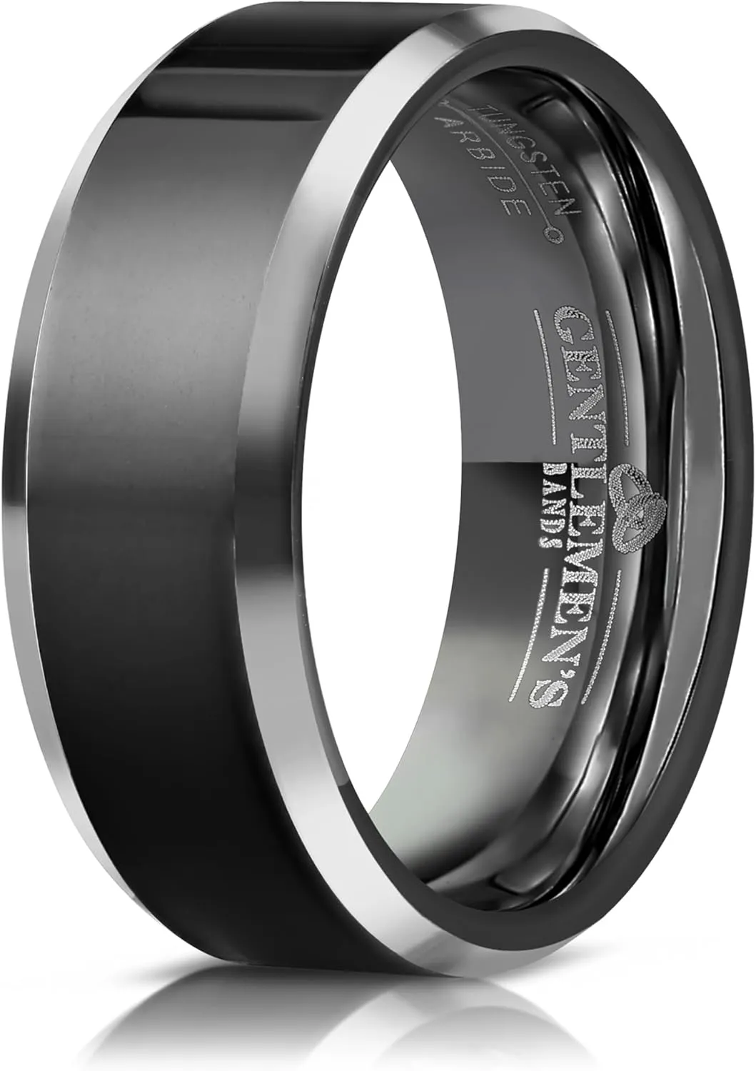 Men's Black Tungsten Carbide Wedding Band - Premium Grade Tungsten Black Wedding Band Beveled - Includes Silicon Band, Leather Drawstring Pouch, & Luxury Walnut Box