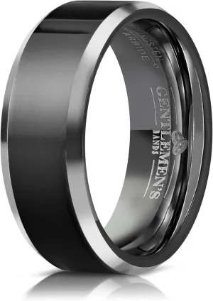 Men's Black Tungsten Carbide Wedding Band - Premium Grade Tungsten Black Wedding Band Beveled - Includes Silicon Band, Leather Drawstring Pouch, & Luxury Walnut Box