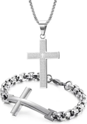 Men's Cross Necklace Bracelet Stainless Steel Large Jesus Christ Pendant