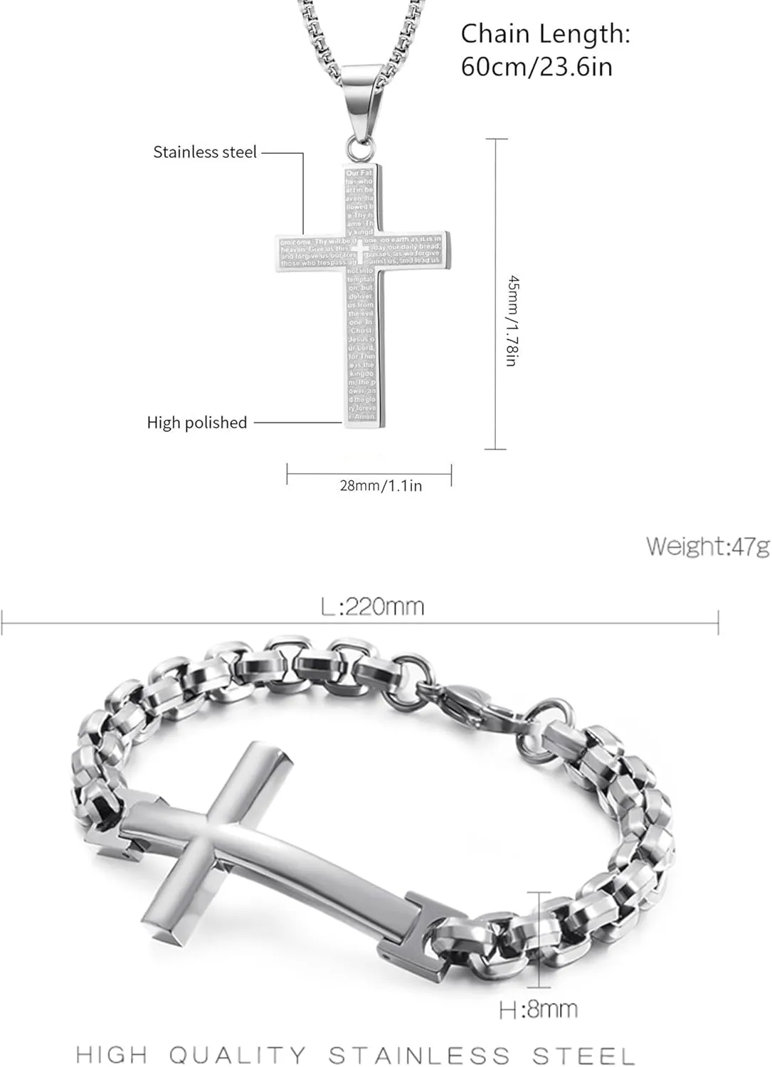 Men's Cross Necklace Bracelet Stainless Steel Large Jesus Christ Pendant