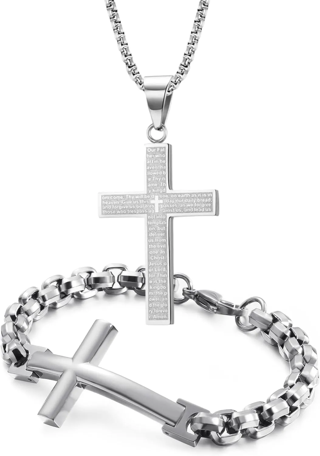 Men's Cross Necklace Bracelet Stainless Steel Large Jesus Christ Pendant