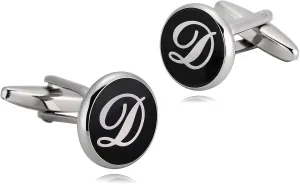 Mens Initial Cufflinks, Tuxedo Shirt Studs Letter D Round Black White Stainless Steel for Business Father's Day
