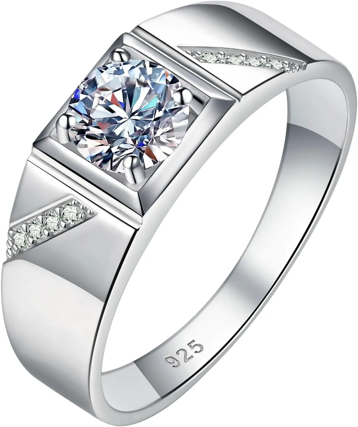 Mens Moissanite Wedding Rings 925 Sterling Silver Solitaire Stone Promise Wedding Band 1.25cttw D Color VVS1 Clarity Brilliant Round Cut Size 7-14