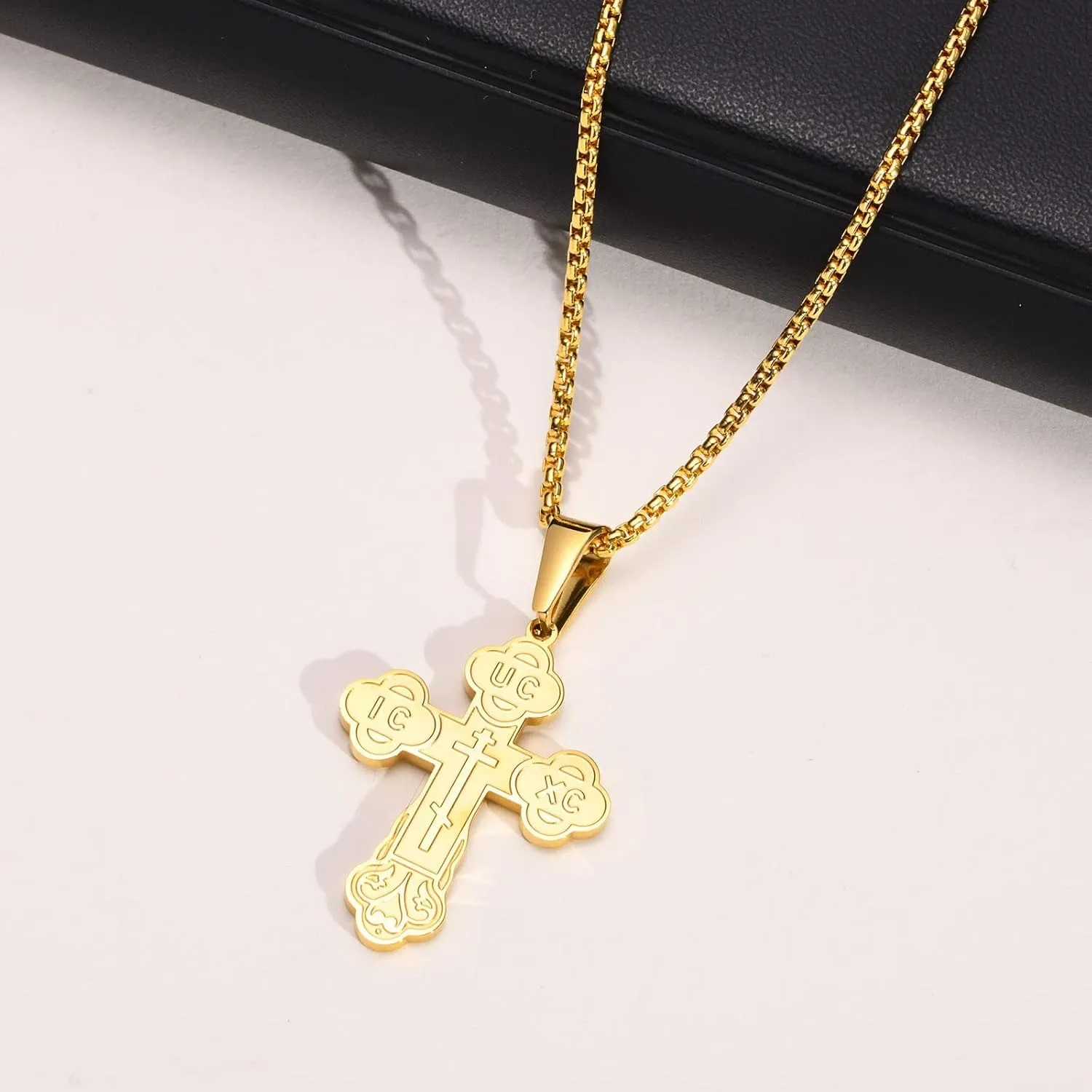 Men's Orthodox Cross Pendant Necklace - Trendy Religious Cross Chain,Hypoallergenic Waterproof Stainless Steel Christian Long Necklaces,Non Tarnish Byzantine Cross Symbol Pendants Necklace for Him