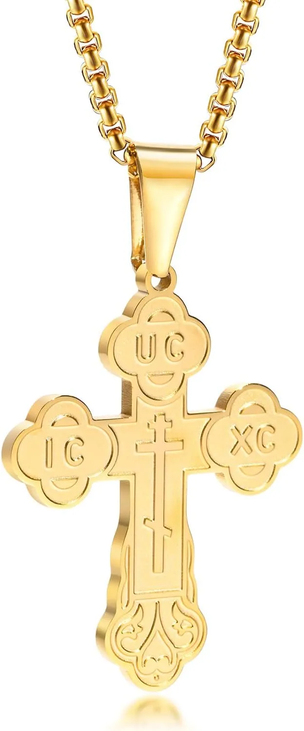 Men's Orthodox Cross Pendant Necklace - Trendy Religious Cross Chain,Hypoallergenic Waterproof Stainless Steel Christian Long Necklaces,Non Tarnish Byzantine Cross Symbol Pendants Necklace for Him