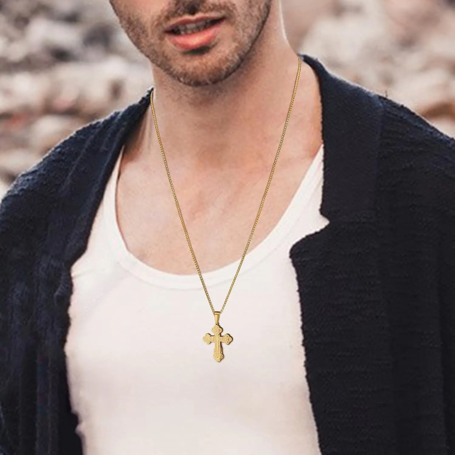 Men's Orthodox Cross Pendant Necklace - Trendy Religious Cross Chain,Hypoallergenic Waterproof Stainless Steel Christian Long Necklaces,Non Tarnish Byzantine Cross Symbol Pendants Necklace for Him