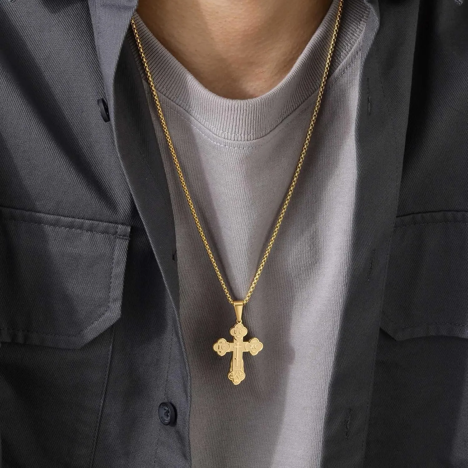 Men's Orthodox Cross Pendant Necklace - Trendy Religious Cross Chain,Hypoallergenic Waterproof Stainless Steel Christian Long Necklaces,Non Tarnish Byzantine Cross Symbol Pendants Necklace for Him