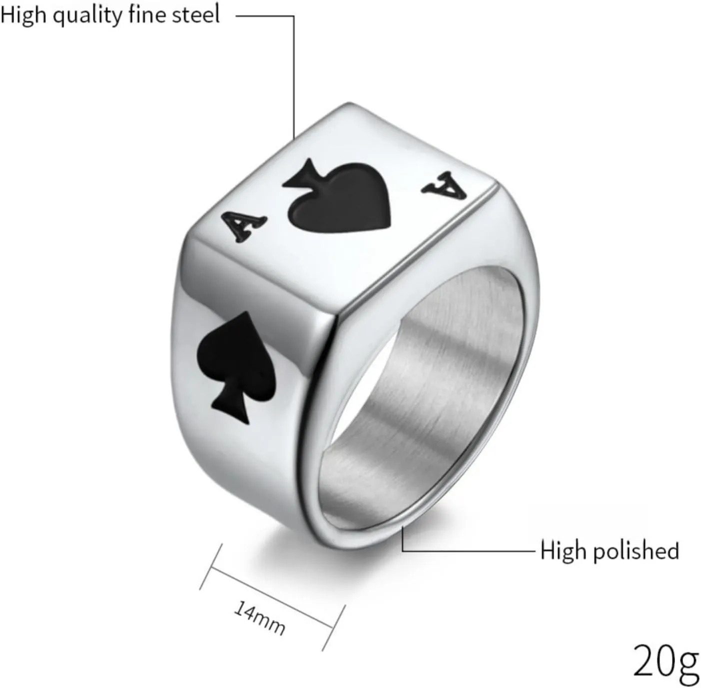 Mens Stainless Steel Ace of Spades Rings For Men Women,Silver Black Ace Poker Playing Card Ring Carved Biker Band Ring Jewelry For Men,Man Punk Motorcycle Titanium Steel Ring