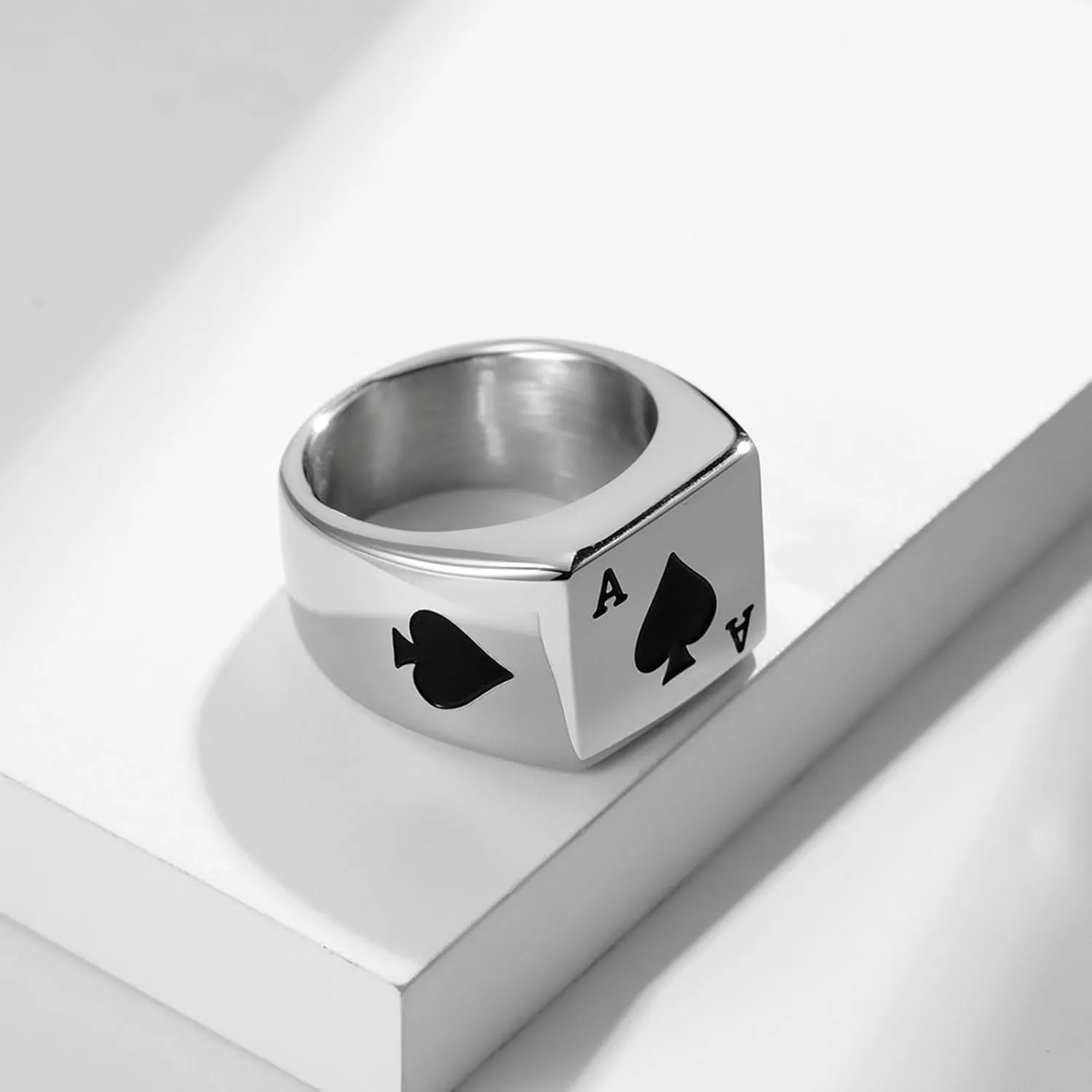 Mens Stainless Steel Ace of Spades Rings For Men Women,Silver Black Ace Poker Playing Card Ring Carved Biker Band Ring Jewelry For Men,Man Punk Motorcycle Titanium Steel Ring
