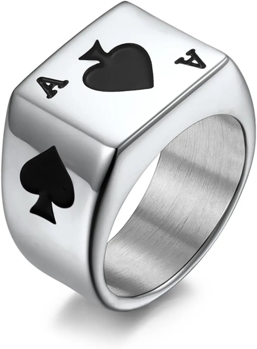 Mens Stainless Steel Ace of Spades Rings For Men Women,Silver Black Ace Poker Playing Card Ring Carved Biker Band Ring Jewelry For Men,Man Punk Motorcycle Titanium Steel Ring