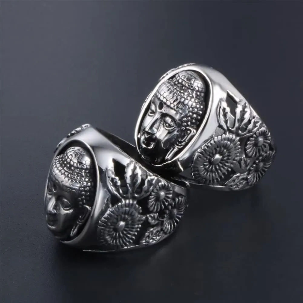 Men's Stainless Steel Buddha Sakyamuni Head Engraved Ring Vintage Chinese Style Amulet Biker Band Rings