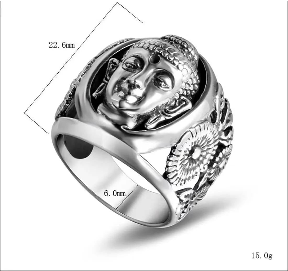 Men's Stainless Steel Buddha Sakyamuni Head Engraved Ring Vintage Chinese Style Amulet Biker Band Rings
