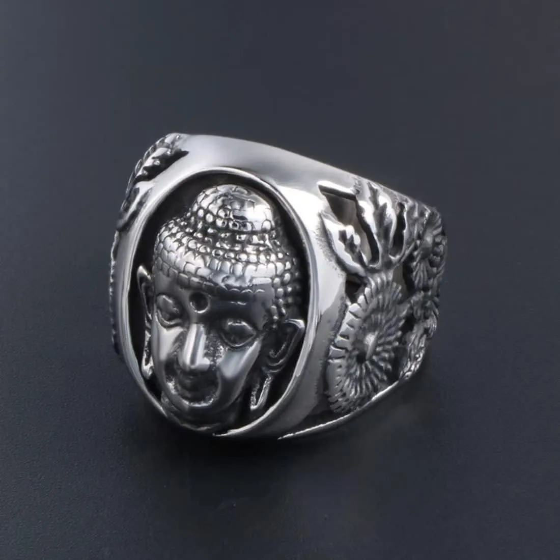 Men's Stainless Steel Buddha Sakyamuni Head Engraved Ring Vintage Chinese Style Amulet Biker Band Rings