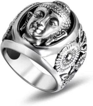 Men's Stainless Steel Buddha Sakyamuni Head Engraved Ring Vintage Chinese Style Amulet Biker Band Rings