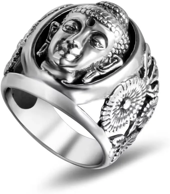 Men's Stainless Steel Buddha Sakyamuni Head Engraved Ring Vintage Chinese Style Amulet Biker Band Rings