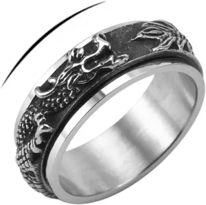 Mens Stainless Steel Dragon Spinner Fidget Rings For Men Women,Silver Rotatable Vintage Dragon Signet Carved Biker Band Anxiety Ring For Men,Man Punk Motorcycle Ring Jewelry,Size 7-12