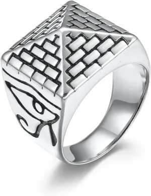 Mens Stainless Steel Eye of Horus Egyptian Pyramids Rings For Men Women,Silver Egyptian Pharaoh Signet Carved Biker Band Ring Jewelry For Men,Man Punk Motorcycle Ring