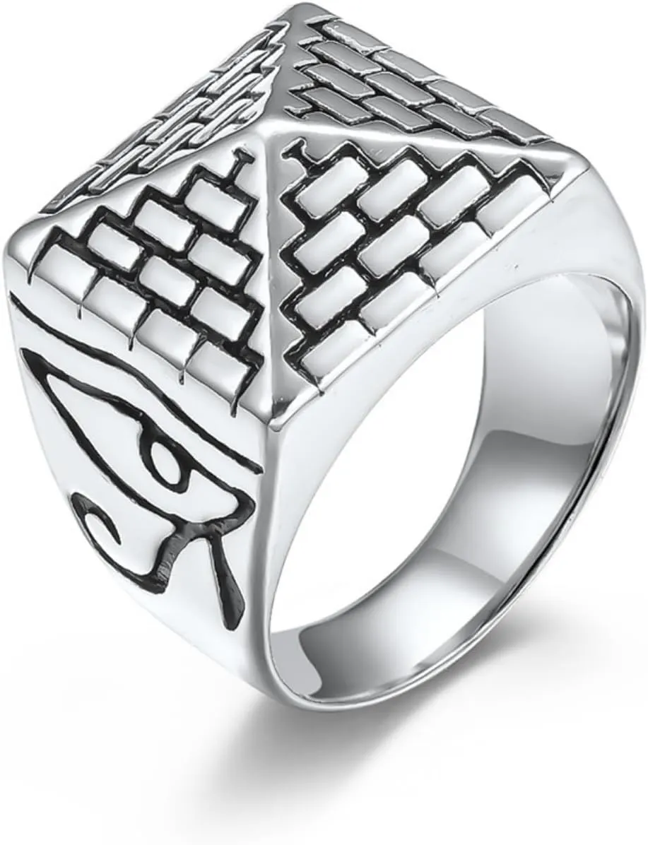 Mens Stainless Steel Eye of Horus Egyptian Pyramids Rings For Men Women,Silver Egyptian Pharaoh Signet Carved Biker Band Ring Jewelry For Men,Man Punk Motorcycle Ring