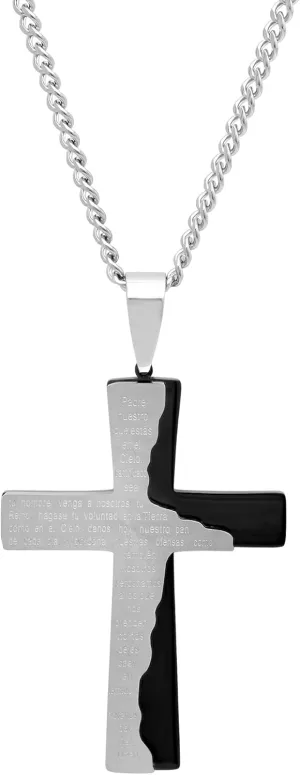 Mens Stainless Steel Two-Tone Spanish Lords Prayer Cross Pendant with Curb Chain Necklace, 24