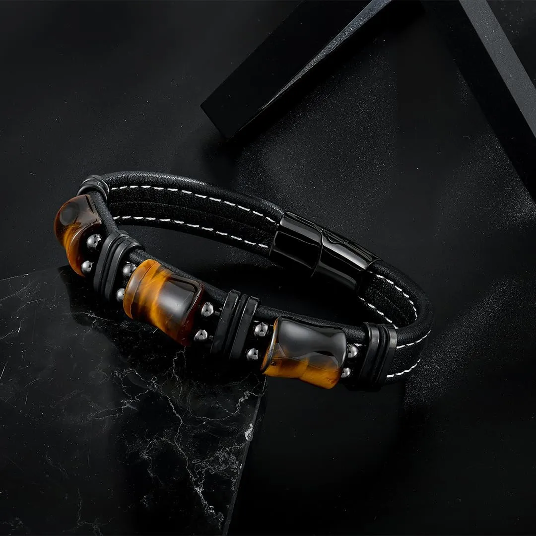 Mens Tiger Eye Bracelets Microfiber Leather Cuff Bracelet for Men Gifts on Father's Day Christmas Anniversary Birthday
