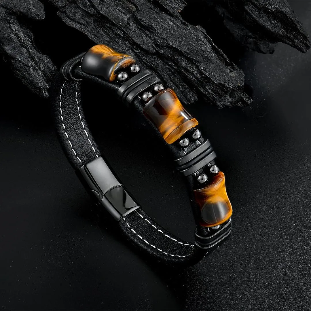 Mens Tiger Eye Bracelets Microfiber Leather Cuff Bracelet for Men Gifts on Father's Day Christmas Anniversary Birthday