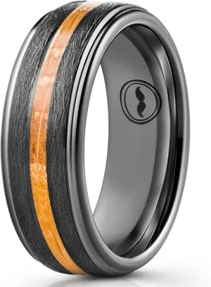 Men's Tungsten Carbide Wedding Band - Premium Grade Brushed Ring for Men (Black with Whiskey Barrel Wood Inlay) - Includes Silicon Band, Leather Drawstring Pouch, & Luxury Walnut Box