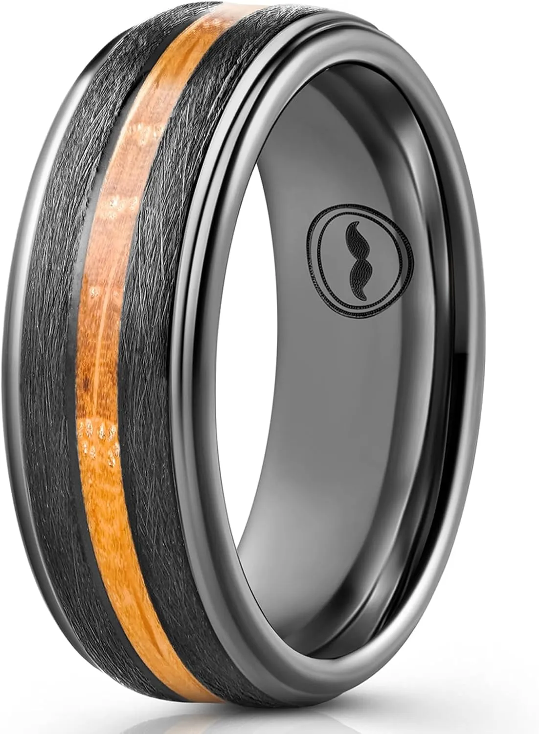 Men's Tungsten Carbide Wedding Band - Premium Grade Brushed Ring for Men (Black with Whiskey Barrel Wood Inlay) - Includes Silicon Band, Leather Drawstring Pouch, & Luxury Walnut Box
