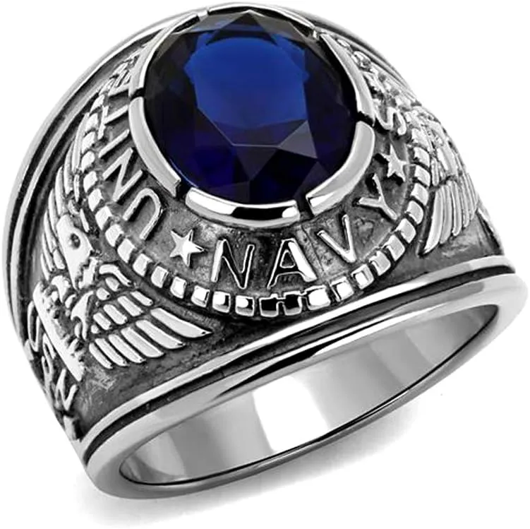 Men's USA Navy Military Patriotic Masculine Ring Blue Stone
