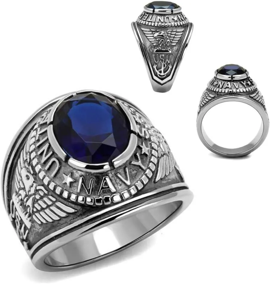 Men's USA Navy Military Patriotic Masculine Ring Blue Stone