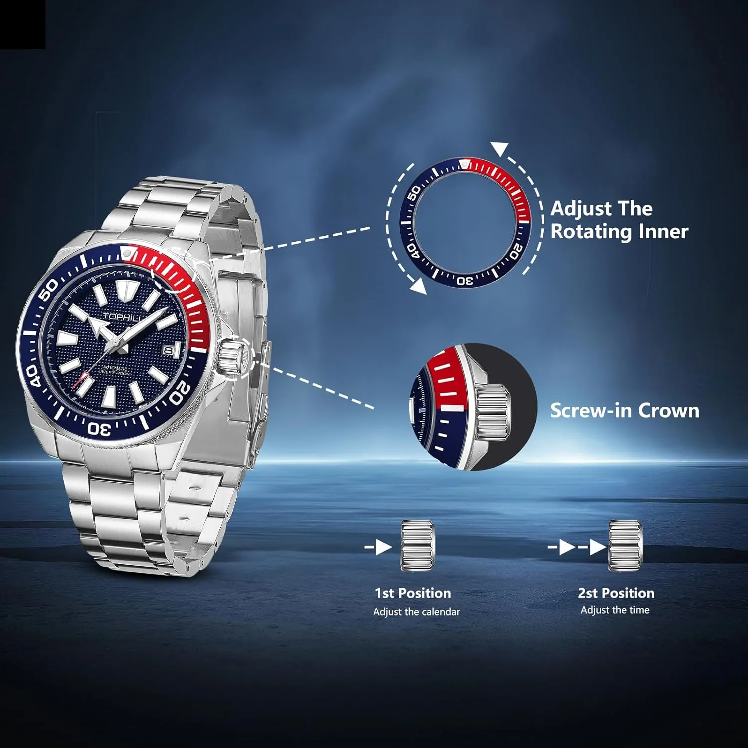 Men's Watches 43.5mm Dive Watch for Men Automatic NH35 Mechanical 300M Waterproof Sapphire Super C3 Luminous Calendar Automatic Watch for Men TD008G