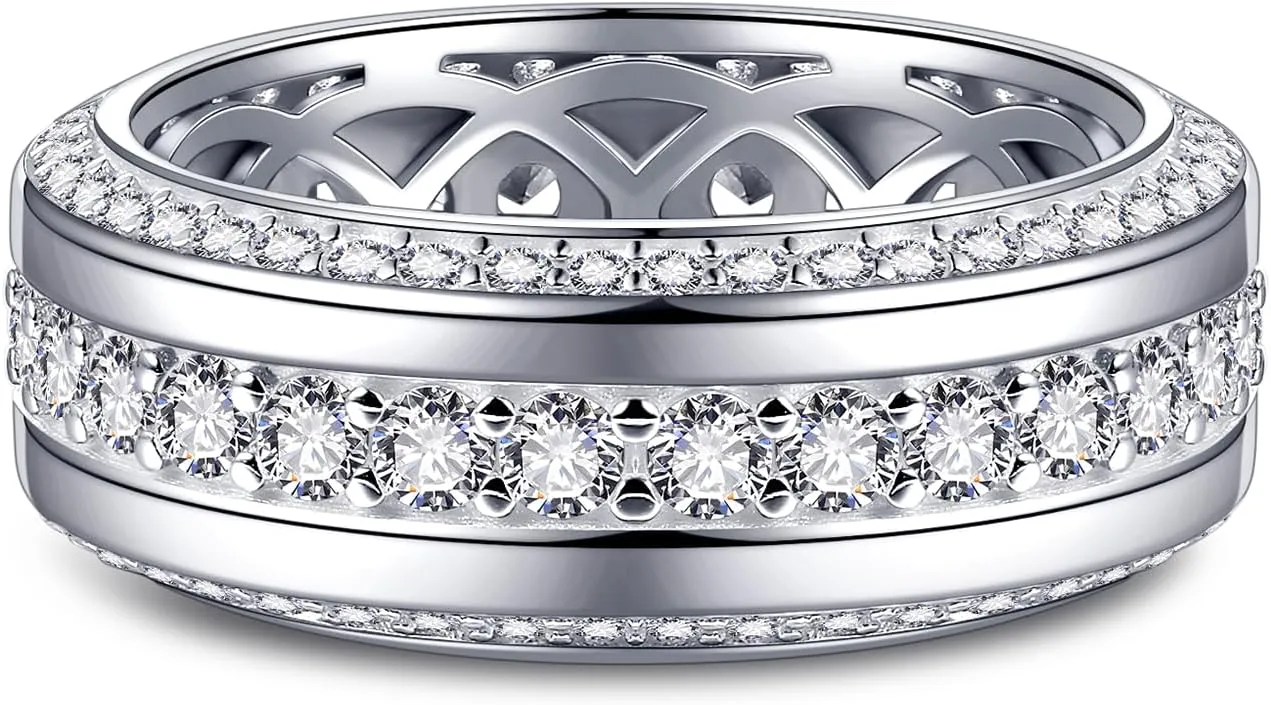 Men's Wedding Band 14K Gold/White Gold Plating Engagement Rings with 3 Row Classic 2.94CT Round Cut Cubic Zirconia 9mm Width Mens Copper Wedding Ring Gemstone Custom Size 8 to 12