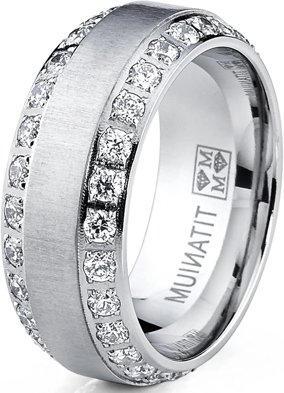 Metal Masters 1.8Ct Men's Titanium Dome Brushed Finished Wedding Band Engagement Ring with Cubic Zirconia, 8mm