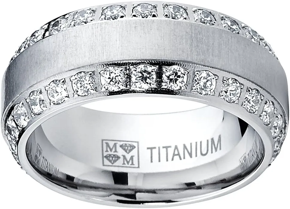 Metal Masters 1.8Ct Men's Titanium Dome Brushed Finished Wedding Band Engagement Ring with Cubic Zirconia, 8mm