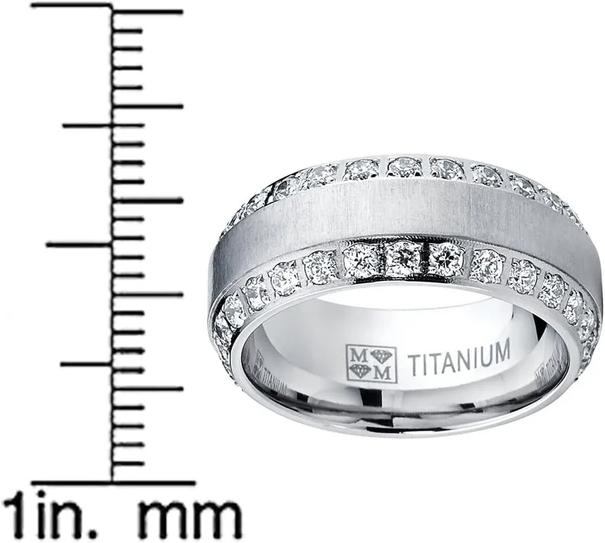 Metal Masters 1.8Ct Men's Titanium Dome Brushed Finished Wedding Band Engagement Ring with Cubic Zirconia, 8mm
