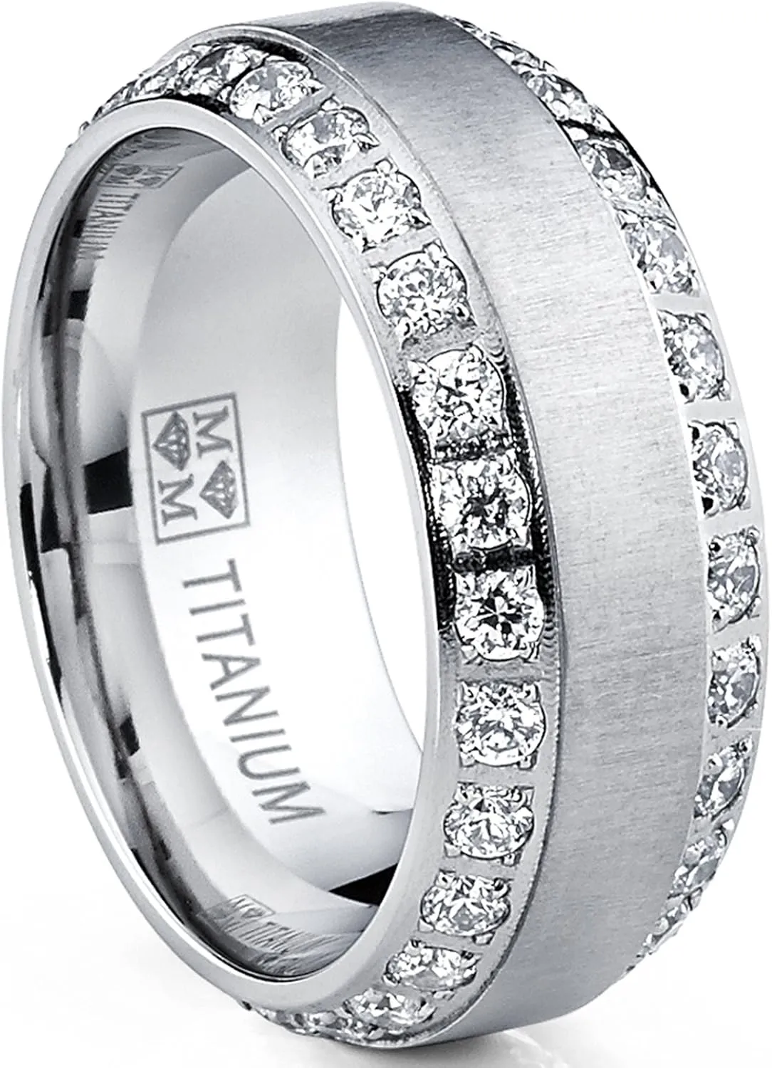 Metal Masters 1.8Ct Men's Titanium Dome Brushed Finished Wedding Band Engagement Ring with Cubic Zirconia, 8mm