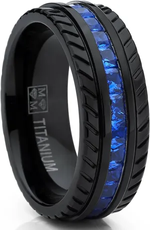 Metal Masters Men's Black Titanium Wedding Band, Engagement Eternity Ring W/Princess Cut Deep Blue Cubic Zirconia CZ