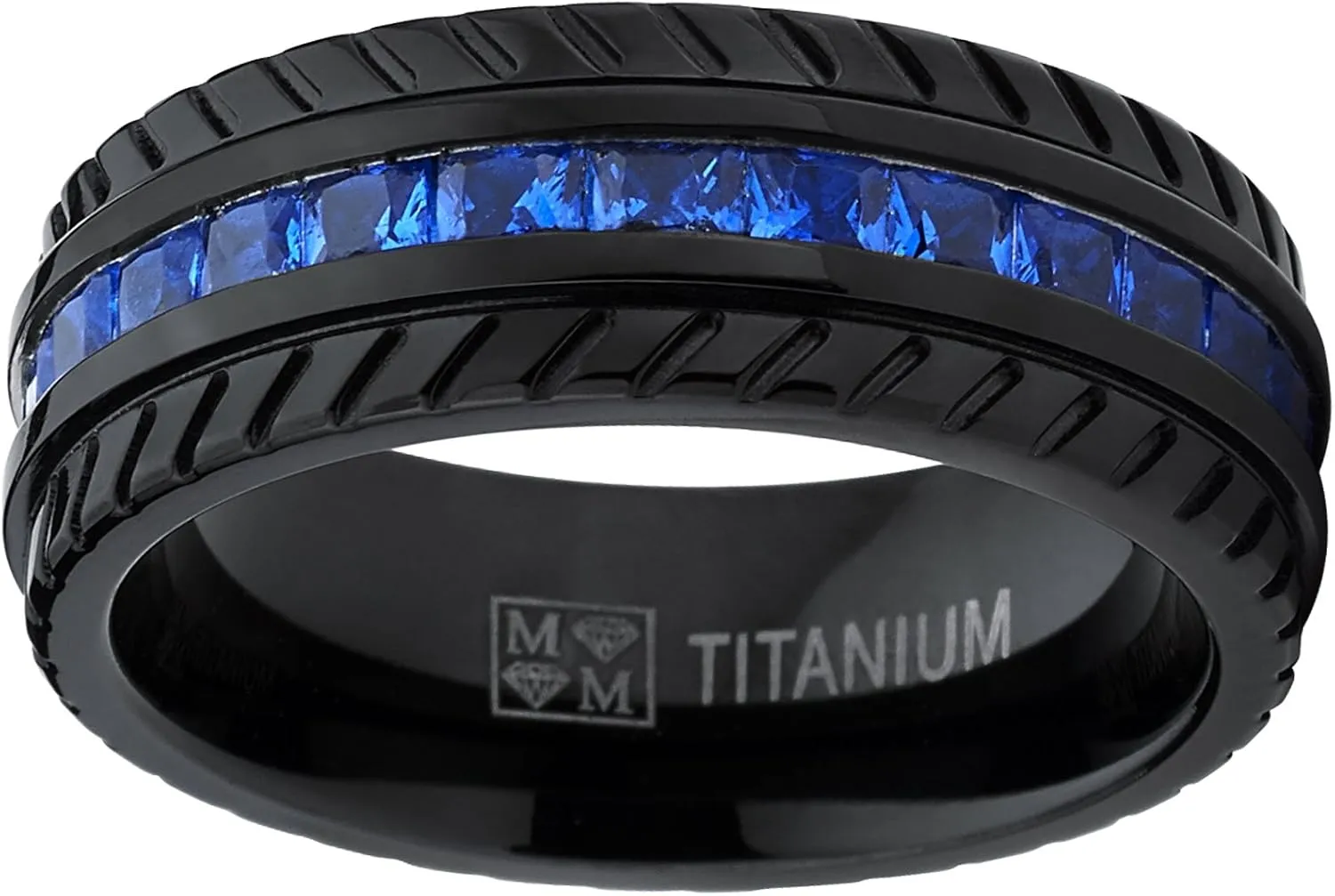 Metal Masters Men's Black Titanium Wedding Band, Engagement Eternity Ring W/Princess Cut Deep Blue Cubic Zirconia CZ