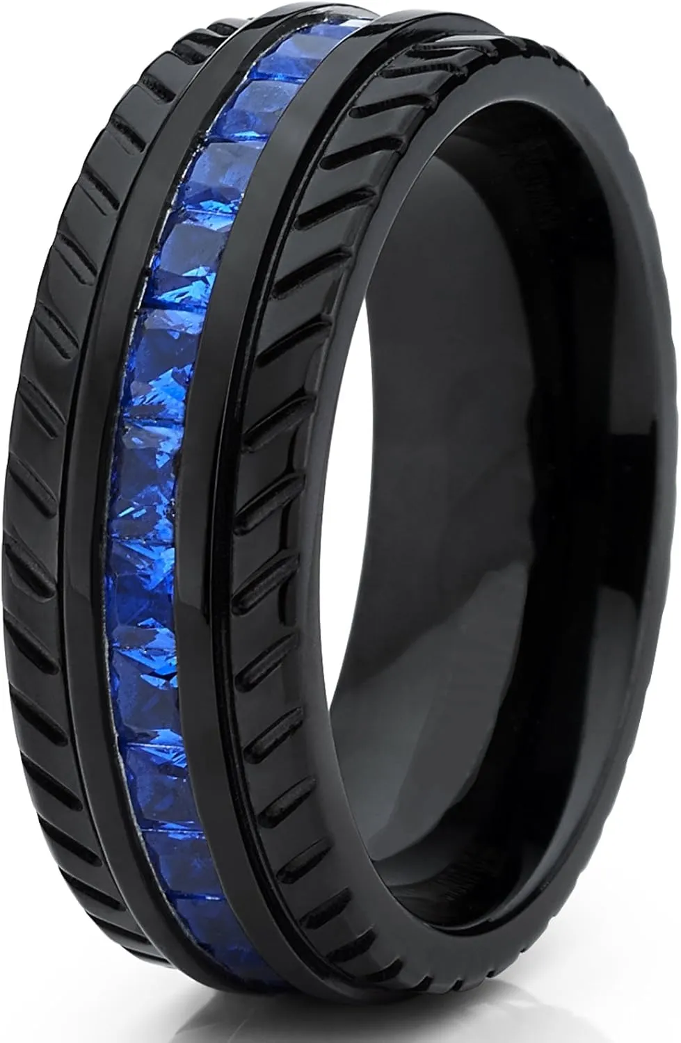 Metal Masters Men's Black Titanium Wedding Band, Engagement Eternity Ring W/Princess Cut Deep Blue Cubic Zirconia CZ
