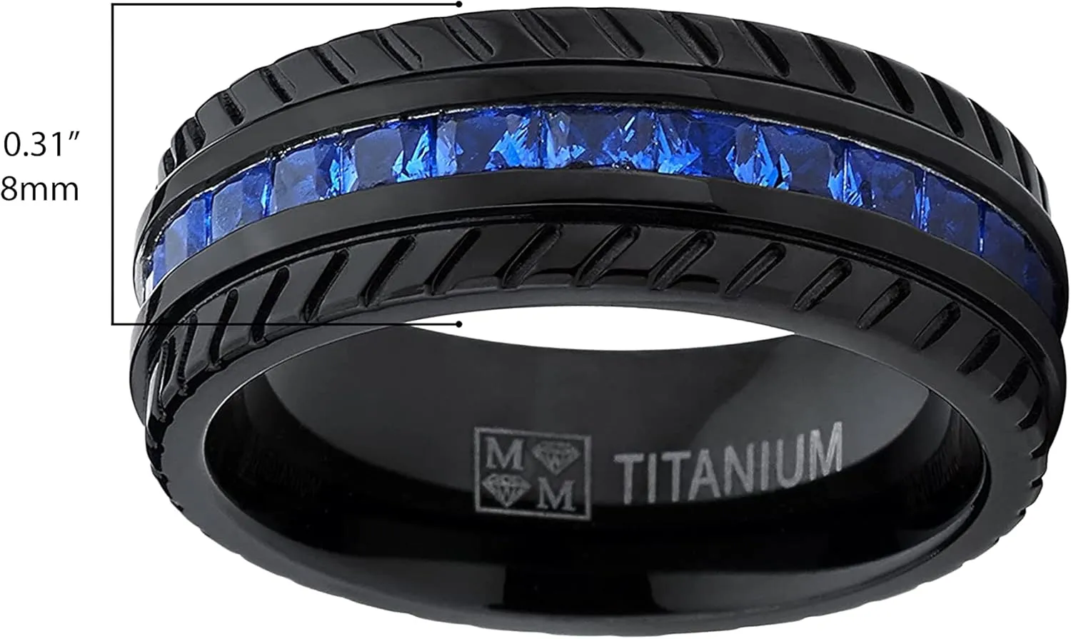 Metal Masters Men's Black Titanium Wedding Band, Engagement Eternity Ring W/Princess Cut Deep Blue Cubic Zirconia CZ