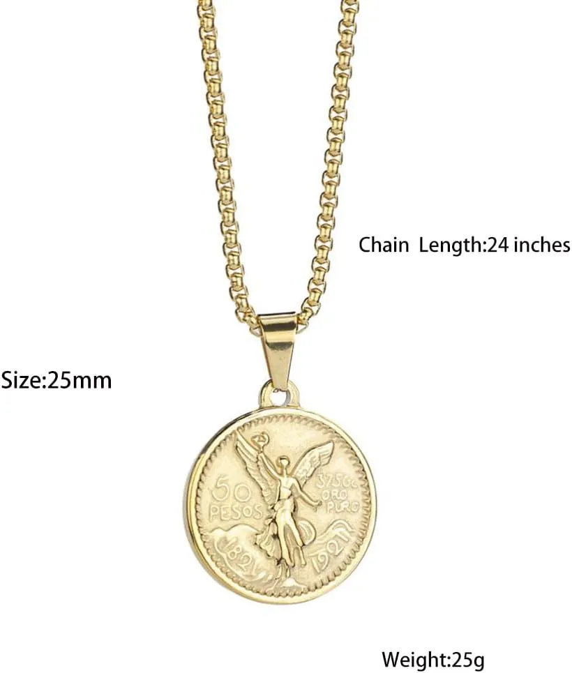 Mexican Coin Centenario Mexicano Moneda 50 Pesos Pendant Necklace,18K Pendant Necklace Men Coin Jewelry