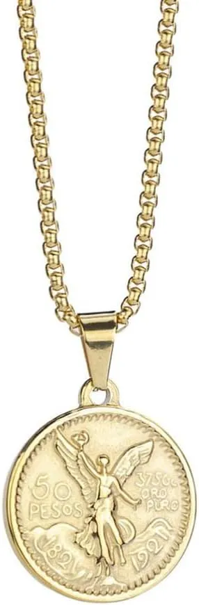 Mexican Coin Centenario Mexicano Moneda 50 Pesos Pendant Necklace,18K Pendant Necklace Men Coin Jewelry
