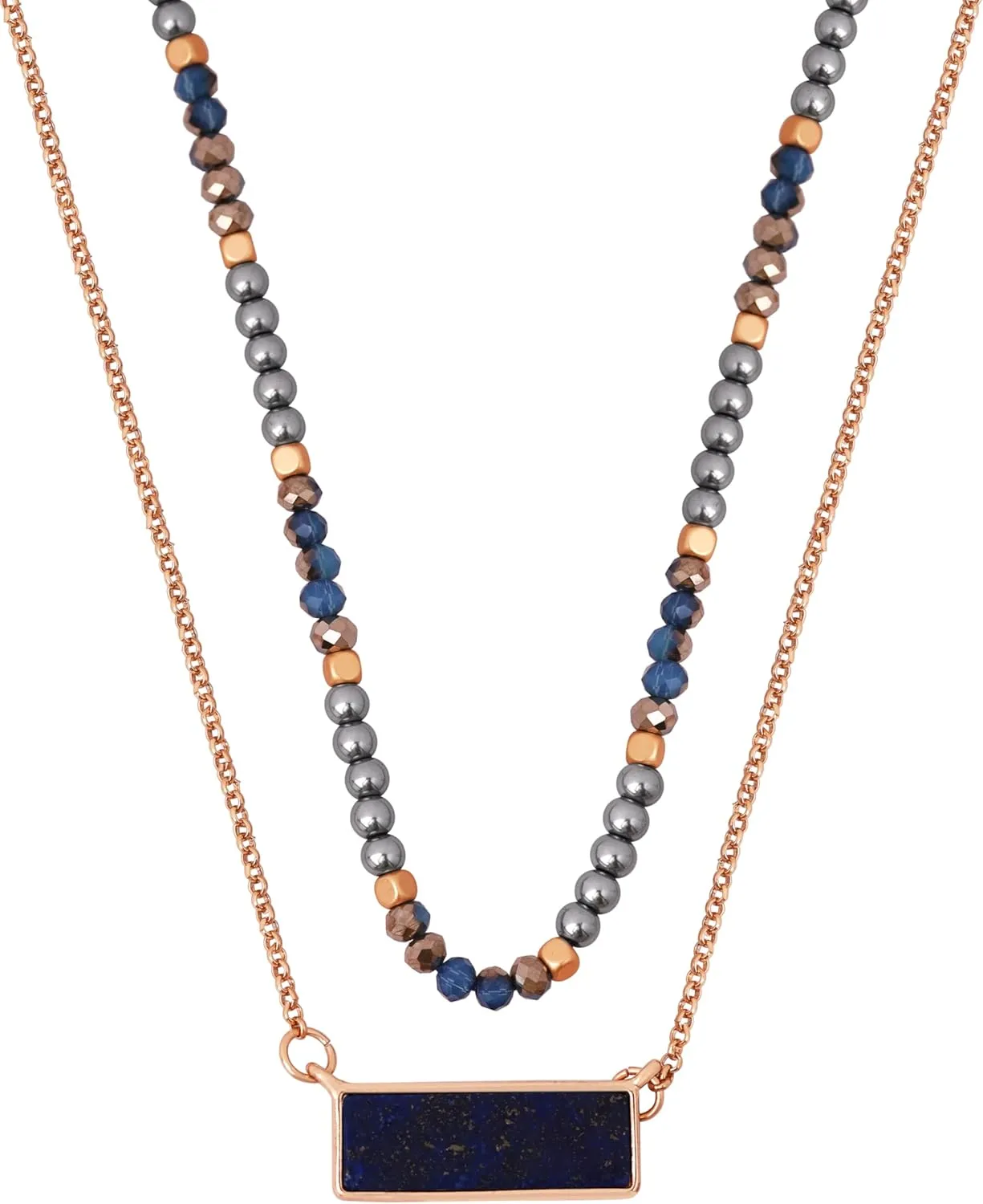 MINACHI Multi Layers Created Lapis Lazuli Beads with Square Stone Pendant Necklace, Chunky Costume Jewelry for Women