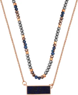 MINACHI Multi Layers Created Lapis Lazuli Beads with Square Stone Pendant Necklace, Chunky Costume Jewelry for Women