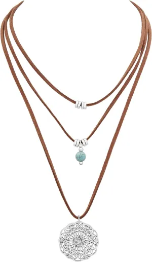 MINACHI Vintage Blue Stone Necklace with Flower Pendants, Velvet Choker, Multi Layer Boho Style Necklace for Women