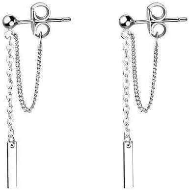 Minimalist Tassel Chain Drop Dangle Earrings for Women Silver Post Threader Earrings Tiny Balls Stud Tragus Cartilage Hypoallergenic Pierced Ear Fashion Punk Jewelry