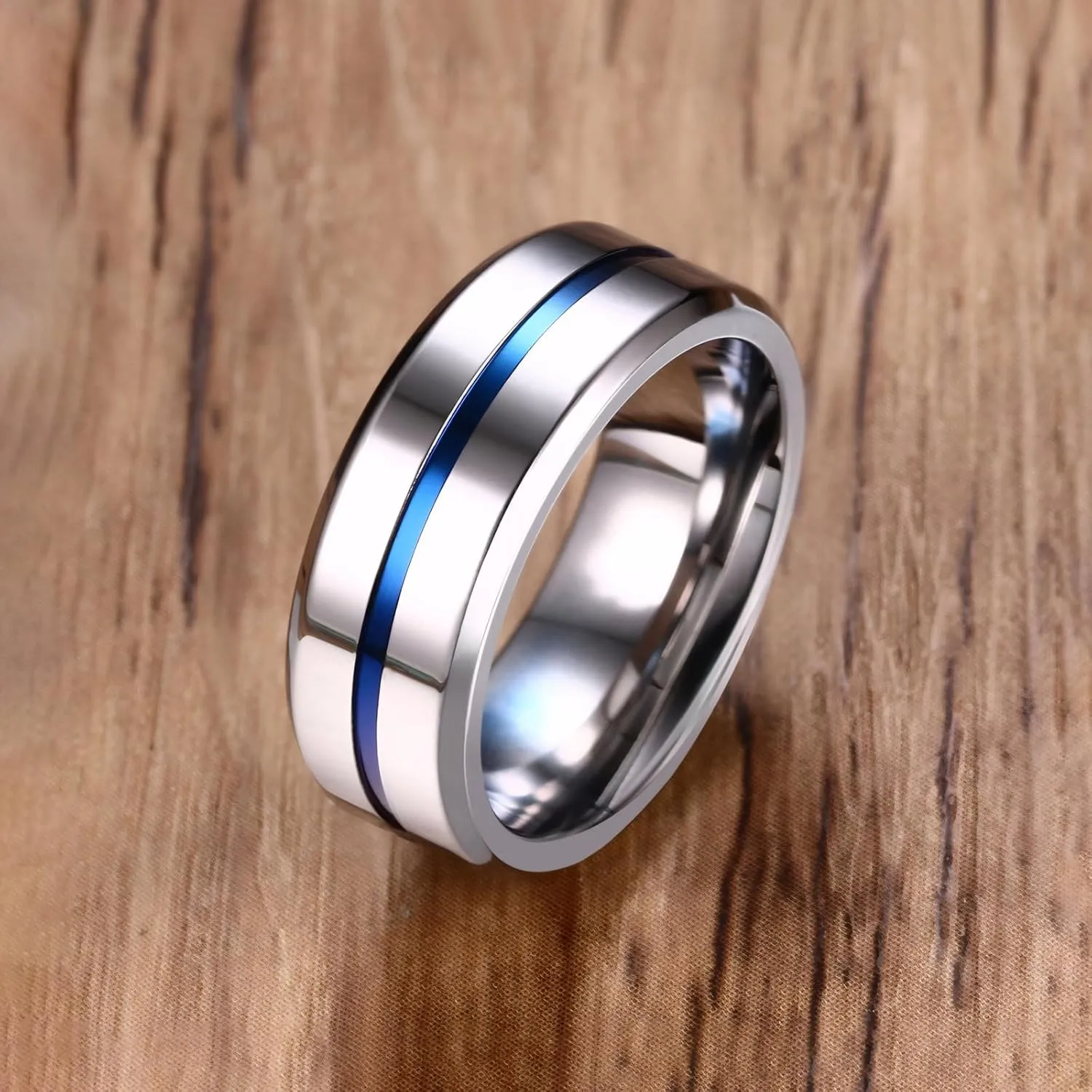MMTTAO Men's Titanium Ring Wedding Bands for Men Women 6MM 8MM 10MM Black/Blue/Silver Engagement Band Wedding Rings Beveled Edge Brushed Matte Finished & Polished Grooved Center Comfort Fit Size 5-15
