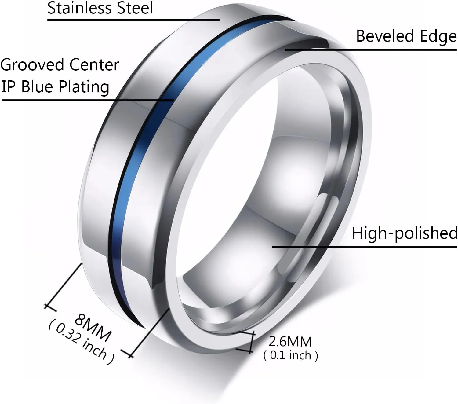 MMTTAO Men's Titanium Ring Wedding Bands for Men Women 6MM 8MM 10MM Black/Blue/Silver Engagement Band Wedding Rings Beveled Edge Brushed Matte Finished & Polished Grooved Center Comfort Fit Size 5-15