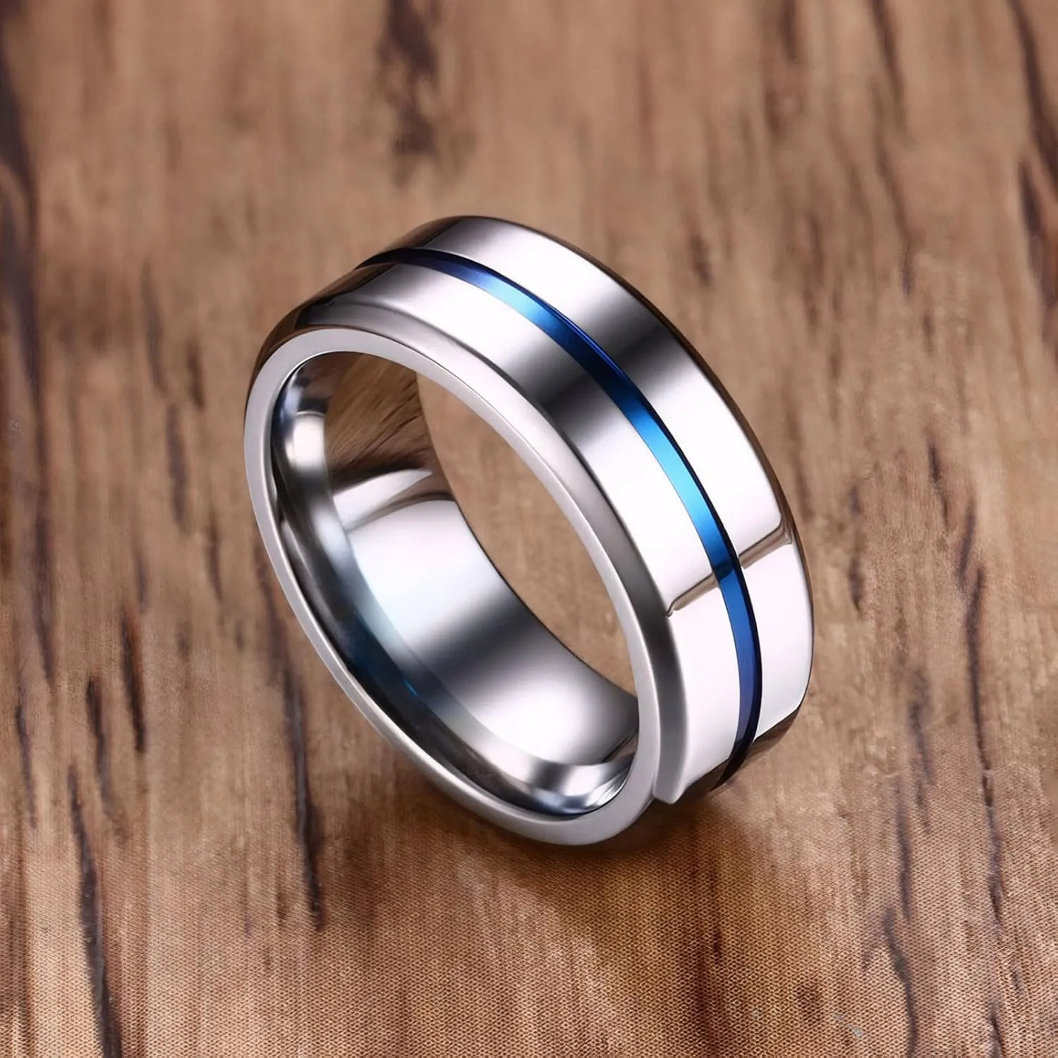 MMTTAO Men's Titanium Ring Wedding Bands for Men Women 6MM 8MM 10MM Black/Blue/Silver Engagement Band Wedding Rings Beveled Edge Brushed Matte Finished & Polished Grooved Center Comfort Fit Size 5-15